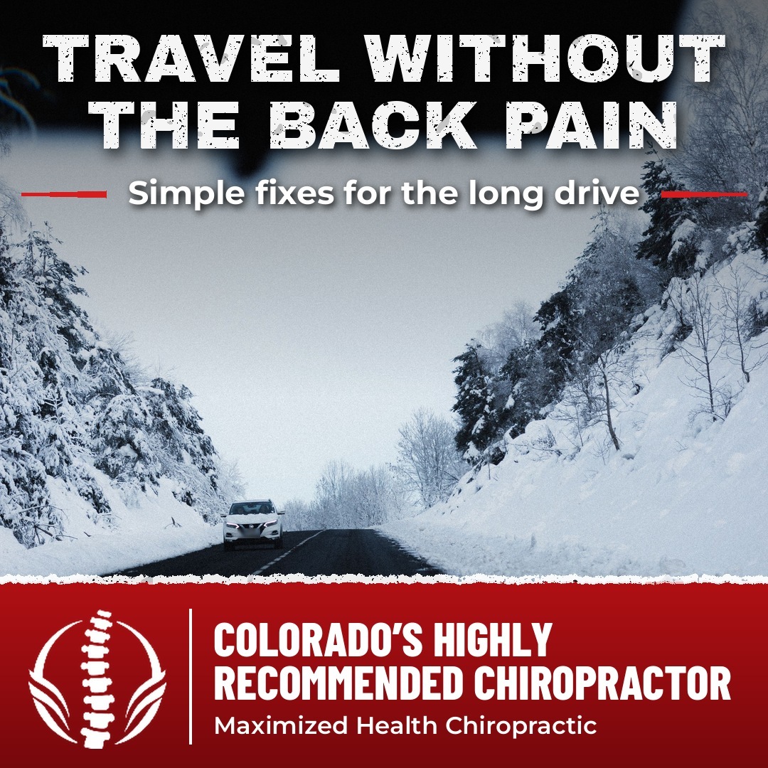 Snowy road seen through a car windshield - simple fixes for holiday travel back pain